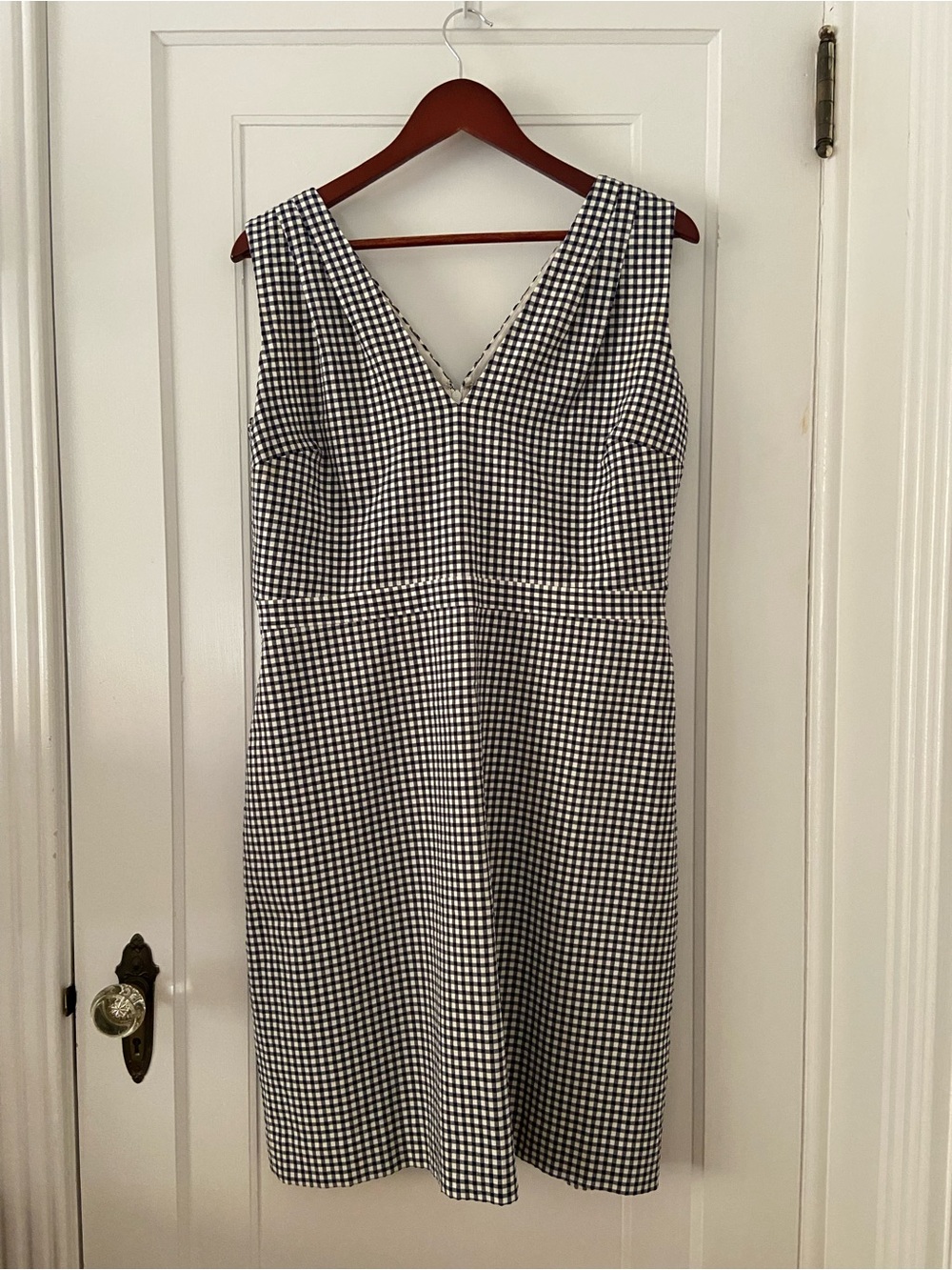 J. Crew navy and white gingham v-neck sleeveless sheath dress, size 16.